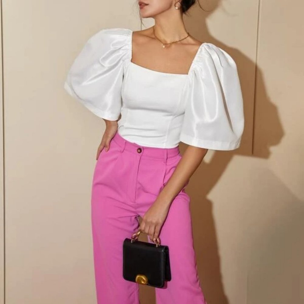 Elegant Puffed statement sleeved square neckline blouse top white - Picture 5 of 7